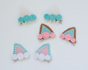 Felt Woodland Ear clips, set of one pastel pair, Doe Ears, Deer Ears, Fawn Ears Fox Ears, Cat Ears, Roses, Leaves