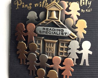 Vintage K & T Tri-Color Pewter Reading Specialist #-D Pin Brooch