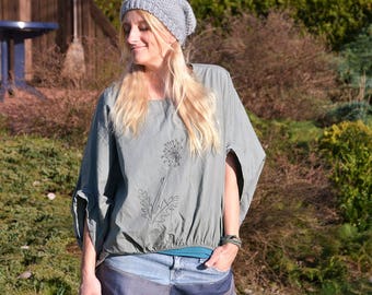 Oversize blouse short sleeve top olive green army far bat