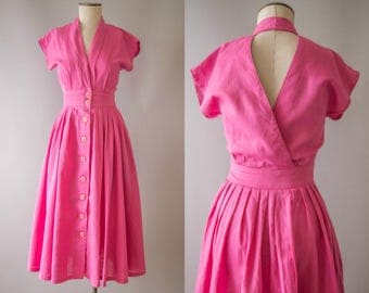 vintage 1950s dress / 50s pink linen cut out back dress / small / Pink Pop Dress