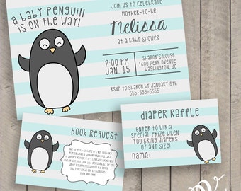 Penguin Baby Shower Invitation Suite - 5x7 invitation, diaper raffle card, bring a book card {self-edit} {Instant download}
