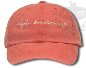 Alpha Omicron Pi Handwriting Script Sorority Baseball Cap - Custom Color Hat and Embroidery