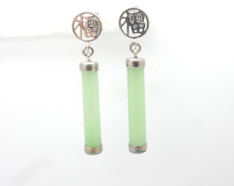 Sterling Silver/925 Green Jade Chinese Dangle Drop Earrings-1.3"