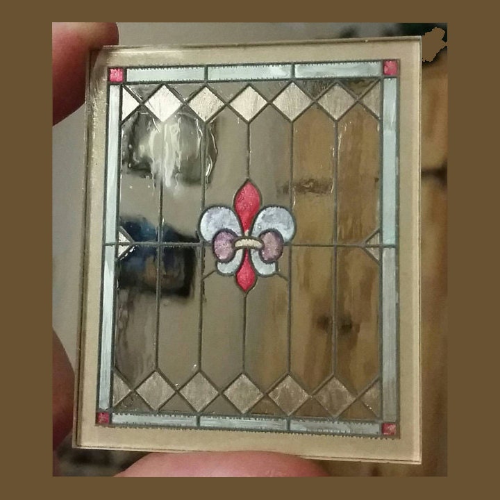 Miniature Stained Glass style window fleurdelis 1/12 scale