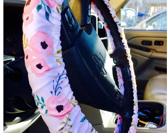 Steering Wheel Cover Floral Poppies Pink Gold