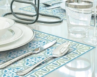 Set of vinyl placemats in green and turquoise. Tiles pattern printed to order on durable PVC\Linoleum. Art mat tableware.