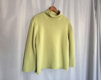Lime Green Sweater Vintage Mockneck 100% Cotton Women's Large