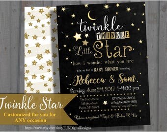 Twinkle Twinkle Little Star Baby Shower Invitation | Gender Neutral | Sprinkle | Black and Gold | Glitter | printable, digital file, PDF