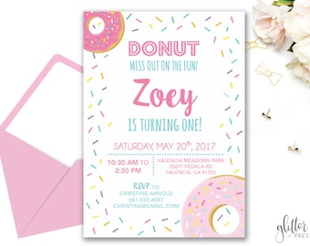 Donut Birthday Invitation Printable, Girl First Birthday Party Invite, Donut Miss out on the fun Invite, Custom Downloadable Birthday Invite
