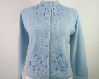 Vintage 50s beaded baby blue Cardigan lambswool angora