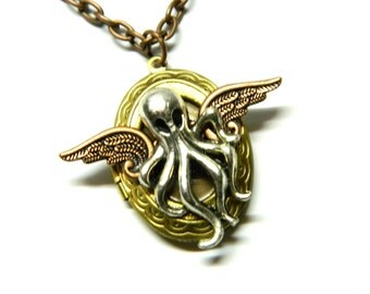 Octopus with copper wings, Steampunk antique gold colored photo locket, steam punk jewelry silver flying Cthulhu, unique surprise gift man