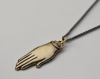 Hand amulet necklace, Milagro, Hand pendant, brass hand, sterling silver chain, boho necklace, bohemian jewelry