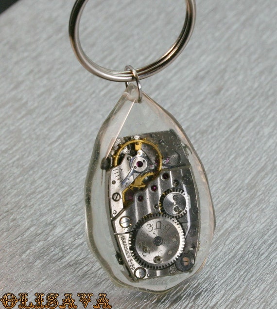 Faceted Steampunk Resin Keyring, Resin Keychain , Watch Movement Steampunk Resin Keychain , Clockwork Keychain by Olisava steampunk buy now online