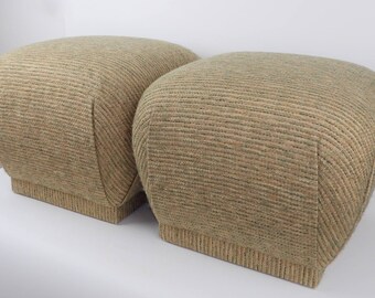 Pouf Ottomans Pair Vintage Mid Century Modern Tweed Wool Fabric Neutral Color Tan, Brown, Green Super Comfy Extra Seating FREE USA SHIPPING!