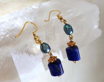 Gold-Plated Silver Earrings Lapis Lazuli and freshwater Pearls Lightweight Dangle Earrings