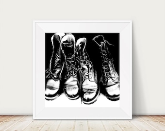 Shoe art, Vintage Dr Marten boots photograph, fine art print, black and white, doc martens, dm's, still life photo, wall art, bedroom art