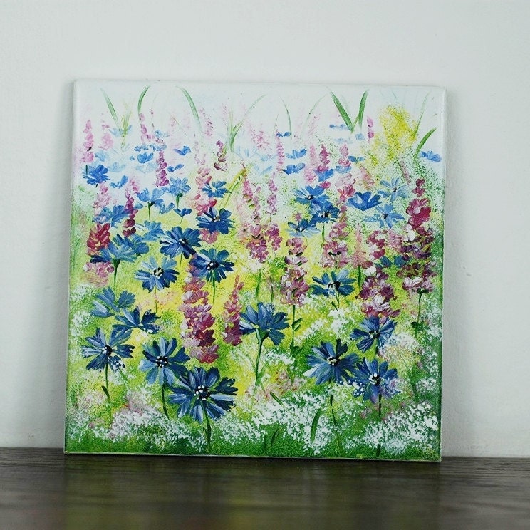 Hand-painted tile with wild flowers and cork backing