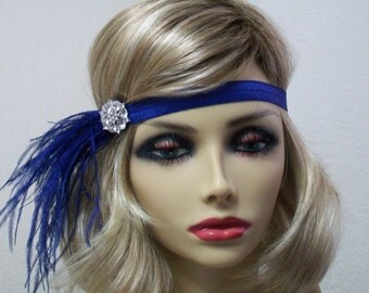 Navy 1920s headband, Great Gatsby headpiece, Flapper headpiece, Gatsby headband, Feather headband, Flapper dress, 1920s hair accessory