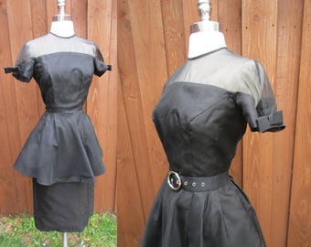 Little Black Dress 50s/60s Short Sleeves with Bows Sheer Bodice Long Peplum Wiggle Dress Sz S