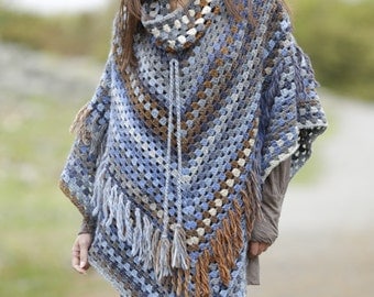 Crochet poncho with removable collar and fringes, wool poncho, crochet poncho, hand made poncho..