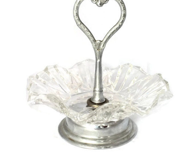 Vintage Glass Ruffled Edge Candy Dish | Mint Bowl | Nut Dish with Silver Heart Shaped Center Handle