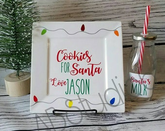 Personalized Milk and Cookies for Santa Set, Cookies for Santa Plate, Santa Cookie Plate, Christmas Cookie Plate, Kids Christmas Gift