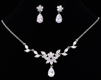 CZ Jewelry Set, CZ Wedding Necklace Set, bridal jewelry, wedding jewelry, zircon jewelry, cz jewelry set, jewelry set, Birthday Gift,KD80160