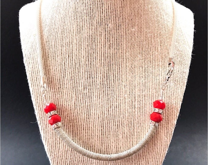 Red silver necklace, Silver coil necklace, coiled necklace, red necklace, silver boho necklace, silver red necklace,