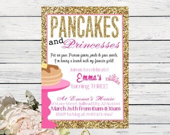 Pancakes & Princesses Birthday invitation-Gold Glitter and Pink ***Digital File*** (pancake-Princess)