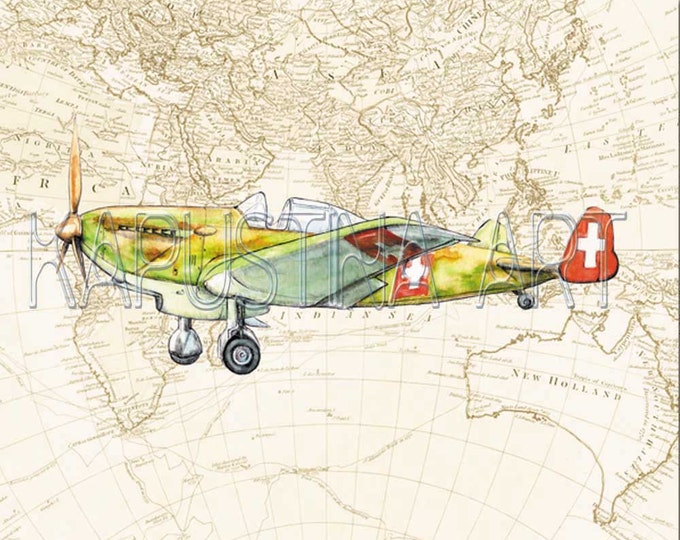 Plane on the World's map Airplane nursery decor Vintage map Military aircraft painting Boys nursery wall art Aviation theme