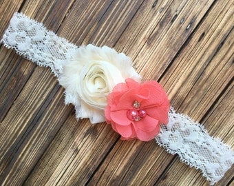 Your COLOR CHOICE: Coral OR Peach Shabby Flower Ivory Lace Headband, Photo Prop, Newborn Headband, Baby Headband, Toddler Headband