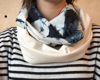 Infinity scarf woman, indigo print, cotton voile very lightweight