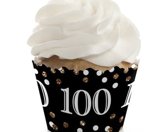 100th Birthday Cupcake Wrappers - Birthday Party Cupcake Decorations - Set of 12 - Adult 100th Birthday - Gold Cupcake Liners