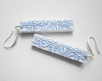 Blue and white delftware inspired womens dangle earrings, polymer clay statement earrings