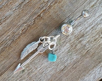 Arrow Feather Belly Button Ring, Turquoise Navel Ring, Dangle Belly Ring, Body Piercing, Boho Tribal Arrow Charm, Body Jewelry, 14g Barbell.