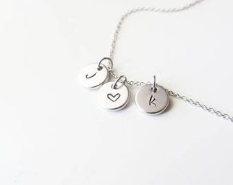 Initial silver disc necklace, personalized coin necklace, coin pendant necklace, monogram necklace, initial necklace
