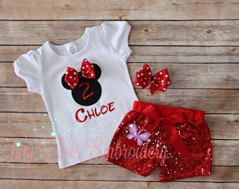 Minnie Mouse Birthday Outfit ~ Minnie Sequin Shorts Outfit ~ Includes Top, Sequin Shorts and Hair Bow ~ Customize in any colors!