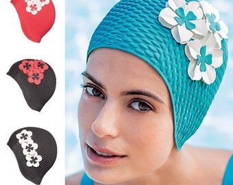 Retro Style Swim Cap - Fashy Swimming Hat with Flower Detail - Vintage Style Bubble Swim Cap