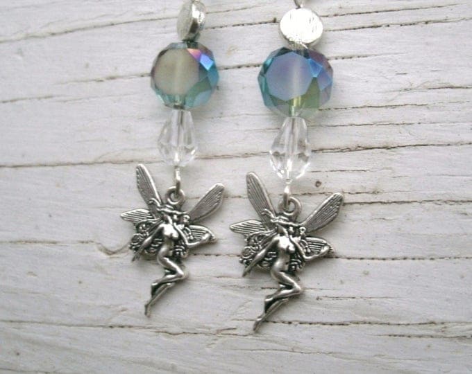 Crystal Fairy dangle earrings, teardrop crystals,crystal beads, blue tones to clear tones, fishhook style wires, OOAK gift, fantasy earring
