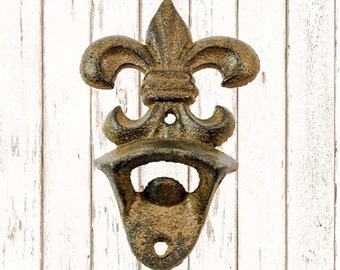 Fleur De Lis Wall Mounted Bottle Opener Beer bottle opener Farmhouse decor Rustic Brown Cast Iron Opener Rustic Home Decor