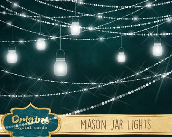 Mason Jar Lights Clipart, sparkling wedding fairy lights clip art, png mason jar graphics, glowing rustic magic garden digital download
