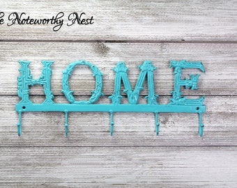 CLEARANCE: LARGE 17" Aqua Home Sign // Iron Home Sign // Home Hook // Key Hook // Key Holder // Shabby Chic // Metal home //