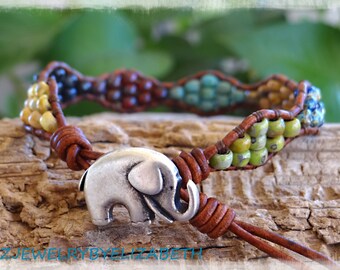 Elephant Wrap Bracelet/ Seed Bead Bracelet/ Leather Wrap/ Beaded Bracelet/ Gift For Her/ Multi-Color Leather Bracelet/ Elephant Jewelry.