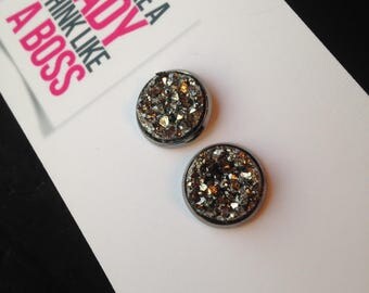 12mm Dark Silver Gunmetal Cabochon Stud Earrings