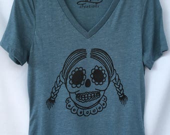 Sugar Skull T-shirt. Skull Nerd T-shirt. Calavera Womens T-shirt. Gift Friendly.