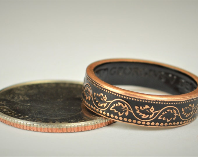 Coin Ring, Black Ring, Vine Ring, Copper Ring, Canadian Penny, Coin Rings, Coin Art, Floral Ring, Gift for Her, Unique Ring, Canadian Coin