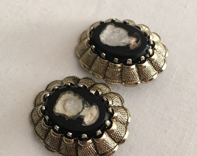 Storewide 25% Off SALE Vintage Gold Tone West German Black Inlaid Designer Cameo Earrings Featuring Clear Glass Design