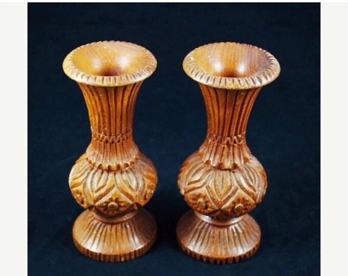 Storewide 25% Off SALE Vintage Matching Pair of Beautifully Hand Carved Large Wooden Vases That Feature an Intricate Design Lhroughout