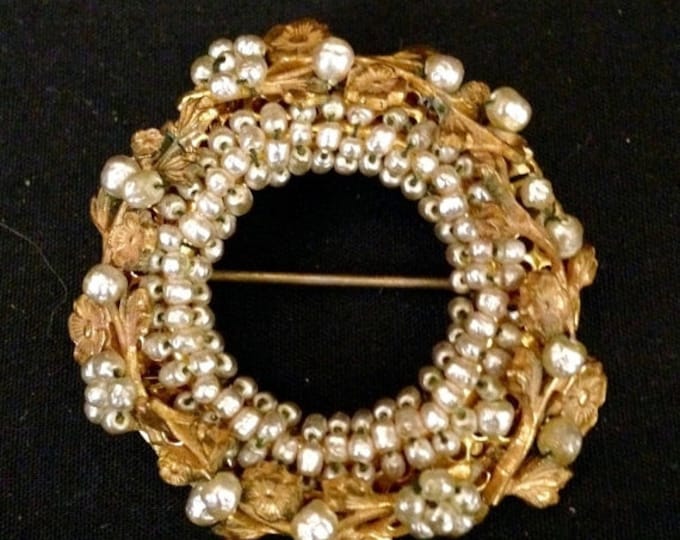 Storewide 25% Off SALE Vintage Gold Tone Original Mariam Haskell Signed Wreath Brooch Featuring Creamy Seed Pearl Accents With Gold Leaf Flo