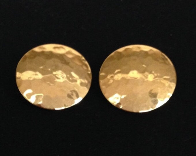 Storewide 25% Off SALE Vintage Hammer Dented Style Gold Tone Pierced Disc Designer Earrings Featuring Large Retro Design